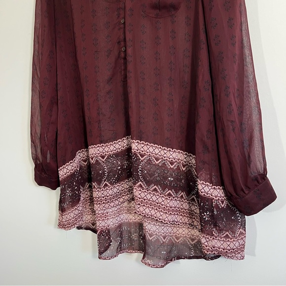 Knox Rose Boho Tunic Top Size 1X Maroon Sheer Collarless Long Sleeve Henley - Picture 7 of 14